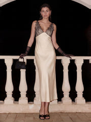 Elegant Lace-Paneled Satin Midi Dress