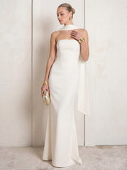Elegant Scarf-Detail Strapless Georgette Maxi Dress