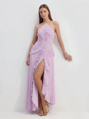 Asymmetry Pleated Halterneck Midi Dress