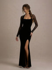 Sheer-Sleeves Bodycon Maxi Dress With High Slit