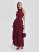 Cascade-Ruffle Halter Gown with Tie-Bow Detail