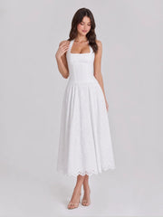 Cottagecore Halterneck Eyelet Cotton Midi Dress