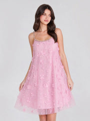 Crystal Strap 3D Floral Tulle Mini Dress