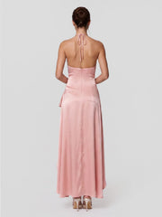 Draped Satin Halterneck Gown with Asymmetric Hem