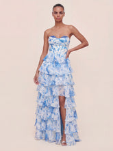 Floral A-line Printed Prom Dress with Tiered Ruffles