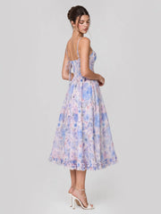 Lilac Floral Corset Midi with Tiered Ruffle Hem & Tie-Waist