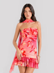 Floral Strapless Scarf Detail Mini Dress