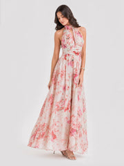 Floral Tie-Detail Halterneck Maxi Dress