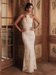 Flower Halter Embroidery Maxi Dress