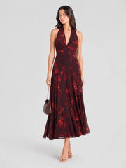 Halter V-neck Drop Waist Georgette Midi Dress