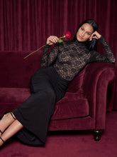 High-Neck Floral Lace Bodice Ruched Maxi Dress