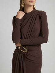 High-Neck Maxi Dress With Gathered-Detail
