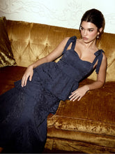 Jacquard Scoop Neckline Solid Bowknot Layered Maxi Dress