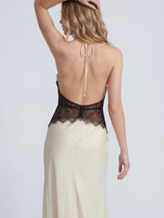 Halter Neck Lace and Satin Low Back Maxi Dress