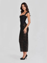 Lace Sweetheart Neck Midi Dress with Tuliped Hemline