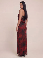 Lace Trim Cowl Back Floral Mesh Maxi Dress