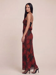 Lace Trim Cowl Back Floral Mesh Maxi Dress
