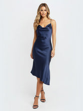 Luxe Satin Cowl Neck Asymmetric Slip Midi Dress