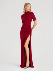 Mock Neck Ruched High Slit Evening Maxi Dress