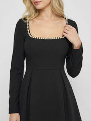 Long-Sleeve Pearl Trim Mini Dress