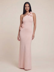 One Shoulder 3D Flower Applique Knit Maxi Dress
