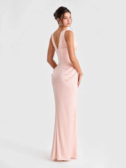 Plunging V-Neck Satin Column Maxi Gown