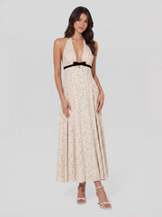 Polka Dot Halter Maxi Dress With Velvet Bow Detail
