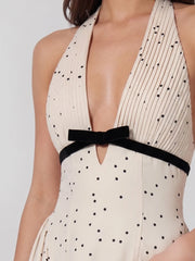 Polka Dot Halter Maxi Dress With Velvet Bow Detail
