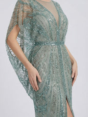 Retro Batwing Sleeve Sequin Evening Gown