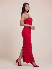 Ruched Corset Bandeau Mesh Maxi Dress