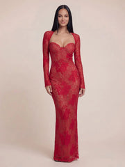 Sheer Lace Embroidered Floral Bodycon Maxi Dress