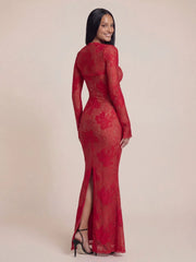 Sheer Lace Embroidered Floral Bodycon Maxi Dress