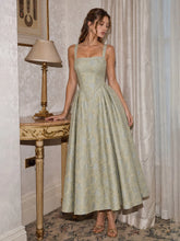 Square Neckline Floral Jacquard Midi Dress