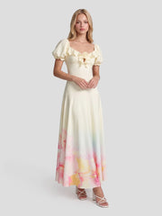 Watercolor-Ombré Puff Sleeve Maxi Dress