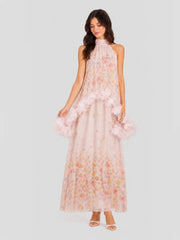Watercolor Floral Halter Gown with Floral Trim
