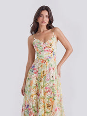Watercolor Spaghetti Strap Eyelet Floral Midi Dress