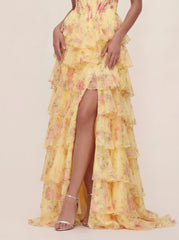 Floral Chiffon Bandeau Prom Gown