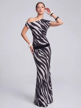 Zebra Printed Mesh Asym Neck Maxi Dress