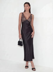 Elegant Lace-Paneled Satin Midi Dress