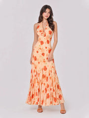 3D Flower Ruched Halterneck Maxi Dress