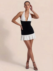 Asymmetric Ruffle Hem Two Tone Velvet Mini Dress