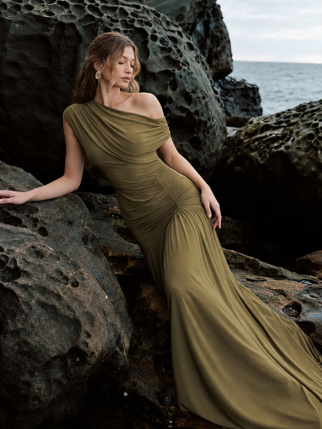 Asymmetric-Neck Maxi Dress With Ruched Detailing – Foreversp