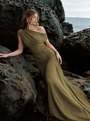 Asymmetric-Neck Maxi Dress With Ruched Detailing