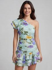 Asymmetric One Shoulder Ruched Bodycon Mini Dress
