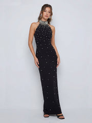 Hand-Embellished Halter-Neck Maxi Dress