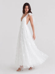Bohemian 3D Floral Maxi Dress with Bow Shoulders