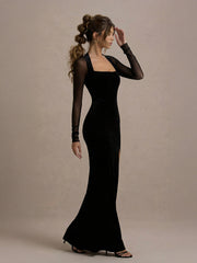 Sheer-Sleeves Bodycon Maxi Dress With High Slit