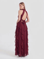 Cascade-Ruffle Halter Gown with Tie-Bow Detail