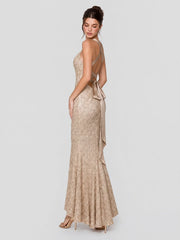 Champagne Sequin Mermaid Gown with Cross-Back Ties