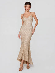 Champagne Sequin Mermaid Gown with Cross-Back Ties